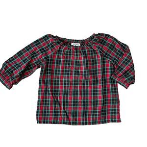 Girls L 10-12 Old Navy Red Green Gold Plaid Elastic Blouse Top Holiday TWINS